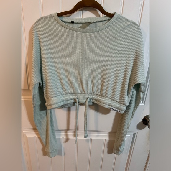 Gymshark Mint Green Cropped Ribbed Long Sleeve Drawstring Top - Picture 3 of 7